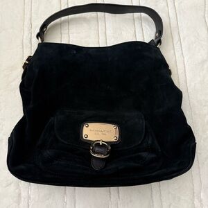 Michael Kors Black Ruched Suede Shoulder Bag with Gold Clasp